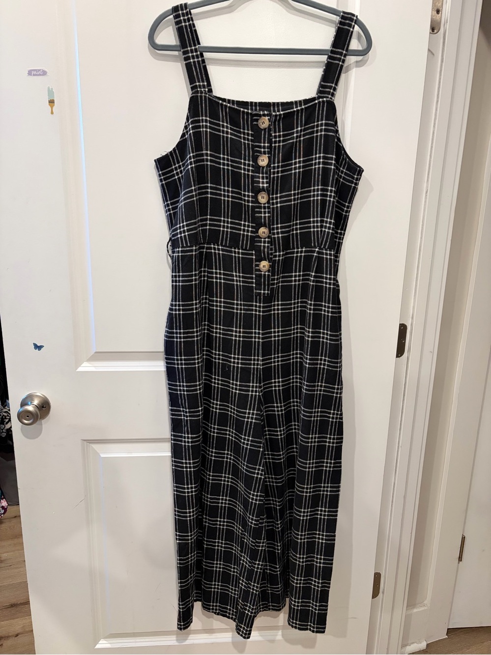 American Eagle Outfitters Black Plaid Button-Front overalls
